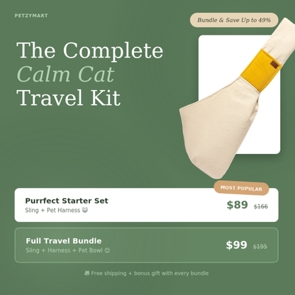 Advertisement for 'The Complete Calm Cat Travel Kit' with a sling and pet harness on a green background.