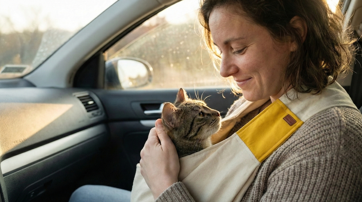 Woman holding a cat in a car, with a focus on the bond between them.