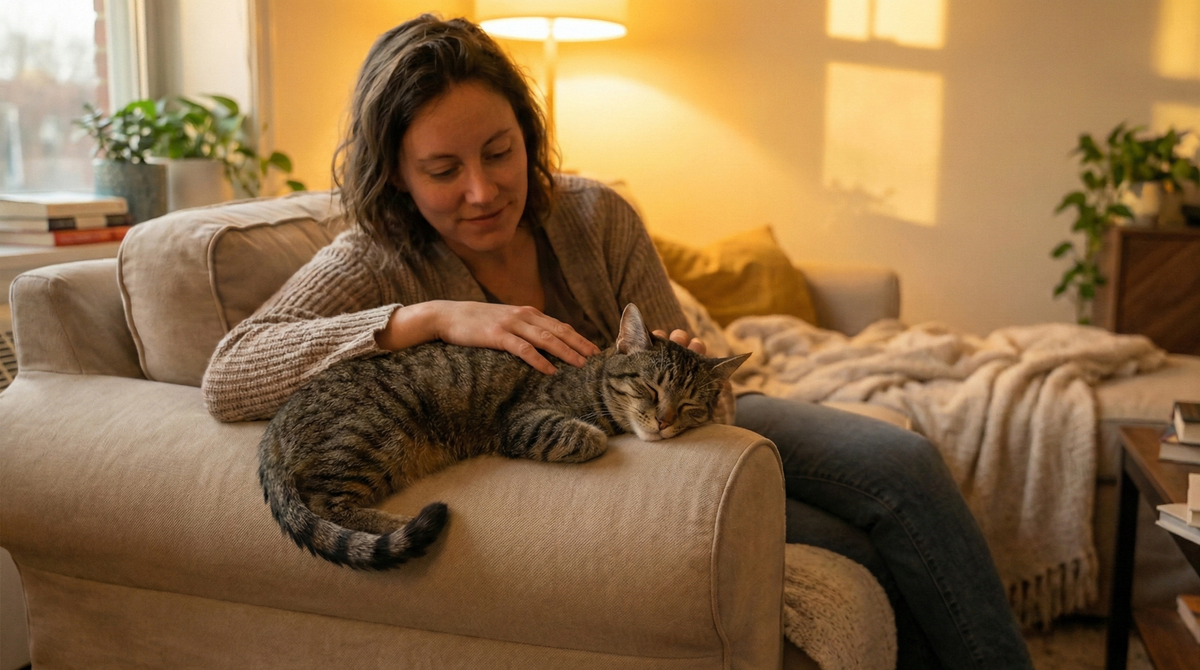 Woman petting a cat on a couch in a cozy living room.